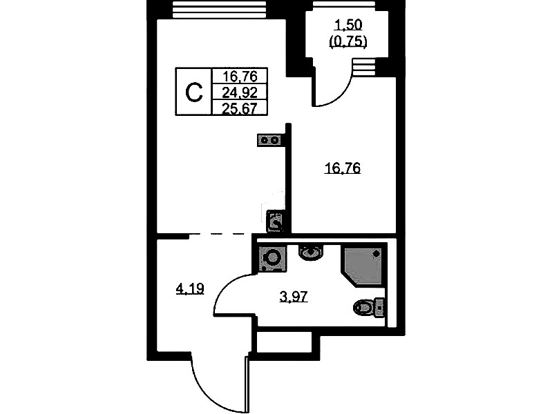Квартира студия 25.67 м², 7/9 эт., ЖК «GloraX Новоселье»